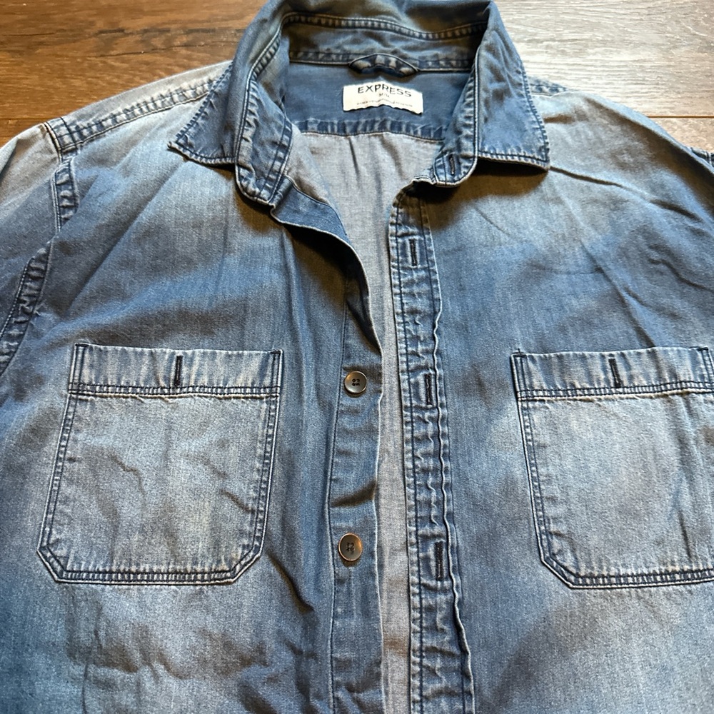 Express Blue Denim Casual Button Down Shirt - Picture 3 of 6